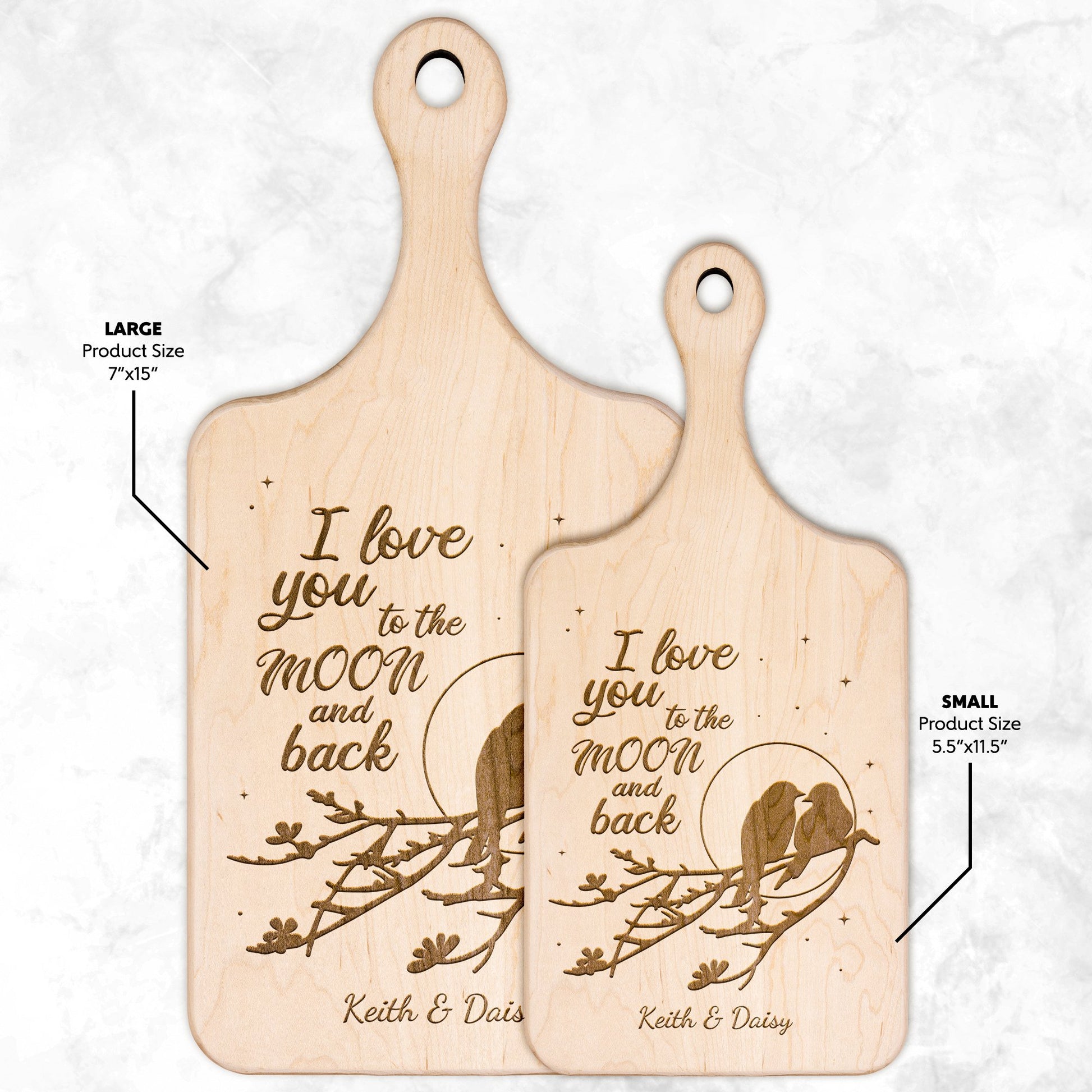 Love Birds I Love You to the Moon and Back Personalized Hardwood Cutting Board - Get Deerty