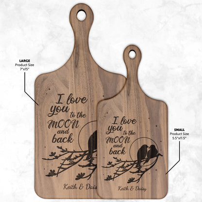 Love Birds I Love You to the Moon and Back Personalized Hardwood Cutting Board - Get Deerty