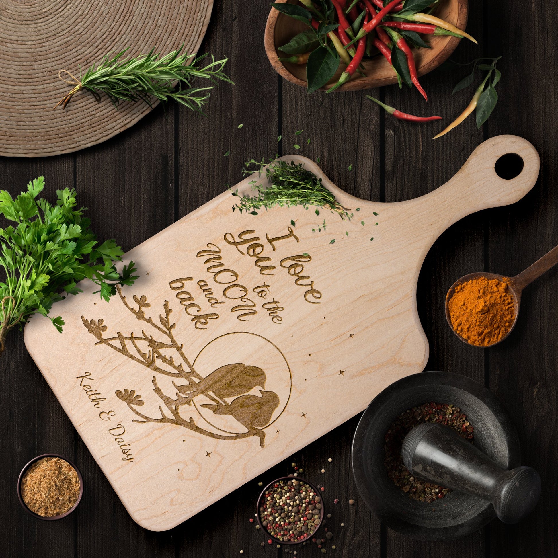 Love Birds I Love You to the Moon and Back Personalized Hardwood Cutting Board - Get Deerty