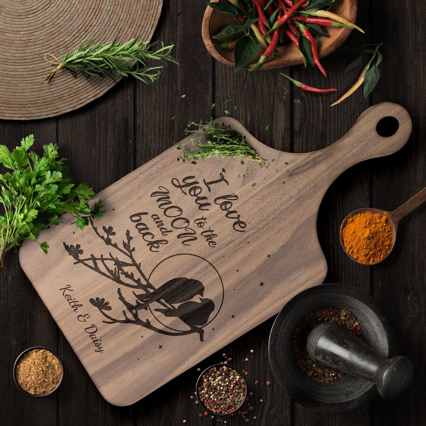 Love Birds I Love You to the Moon and Back Personalized Hardwood Cutting Board - Get Deerty