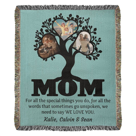 Personalized Mom Picture Tree "We Love You Quote" - Heirloom Woven Cotton Blanket - Get Deerty