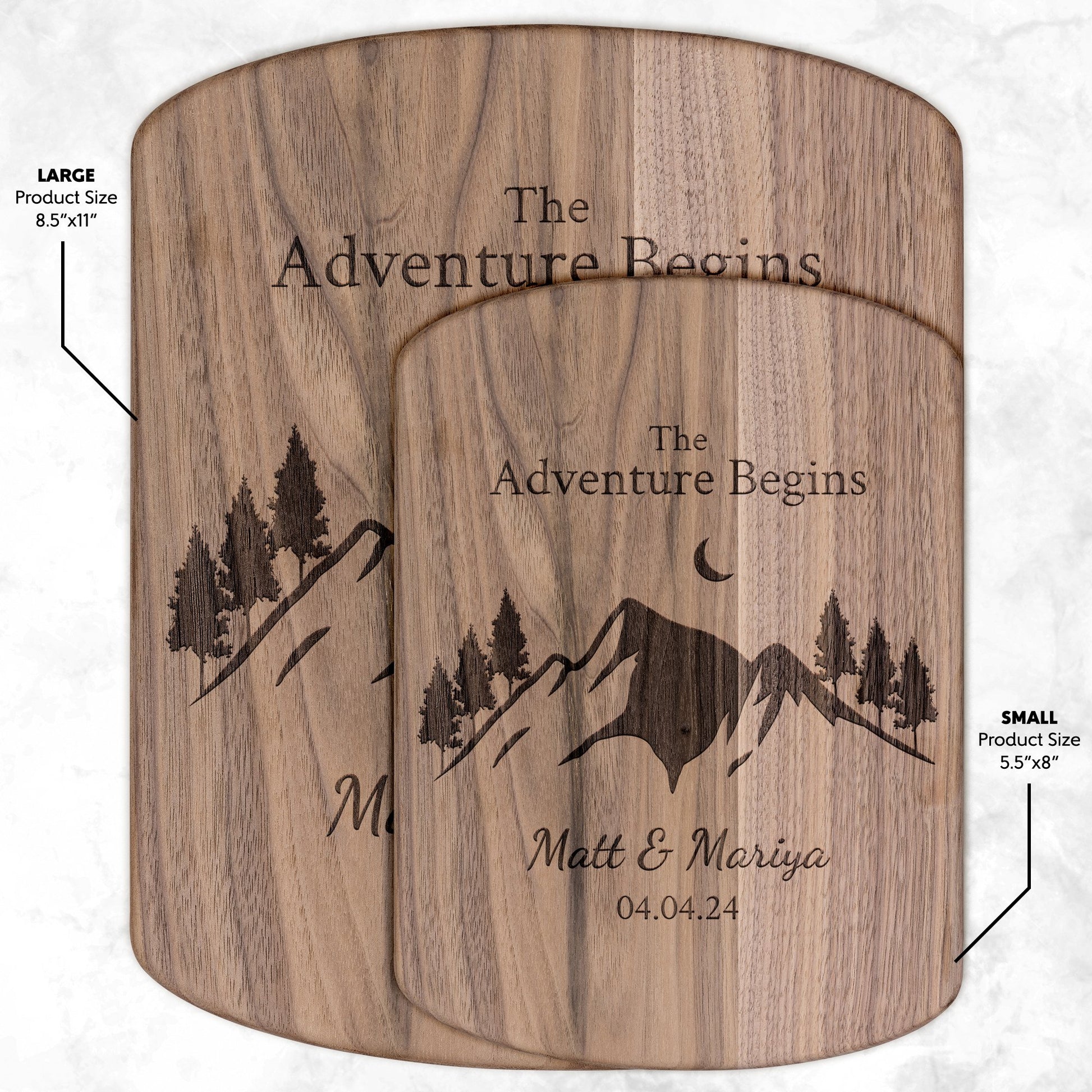 The Adventure Begins Hardwood Oval Cutting Board Personalized with Names and Wedding Date - Get Deerty