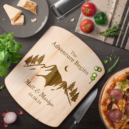 The Adventure Begins Hardwood Oval Cutting Board Personalized with Names and Wedding Date - Get Deerty