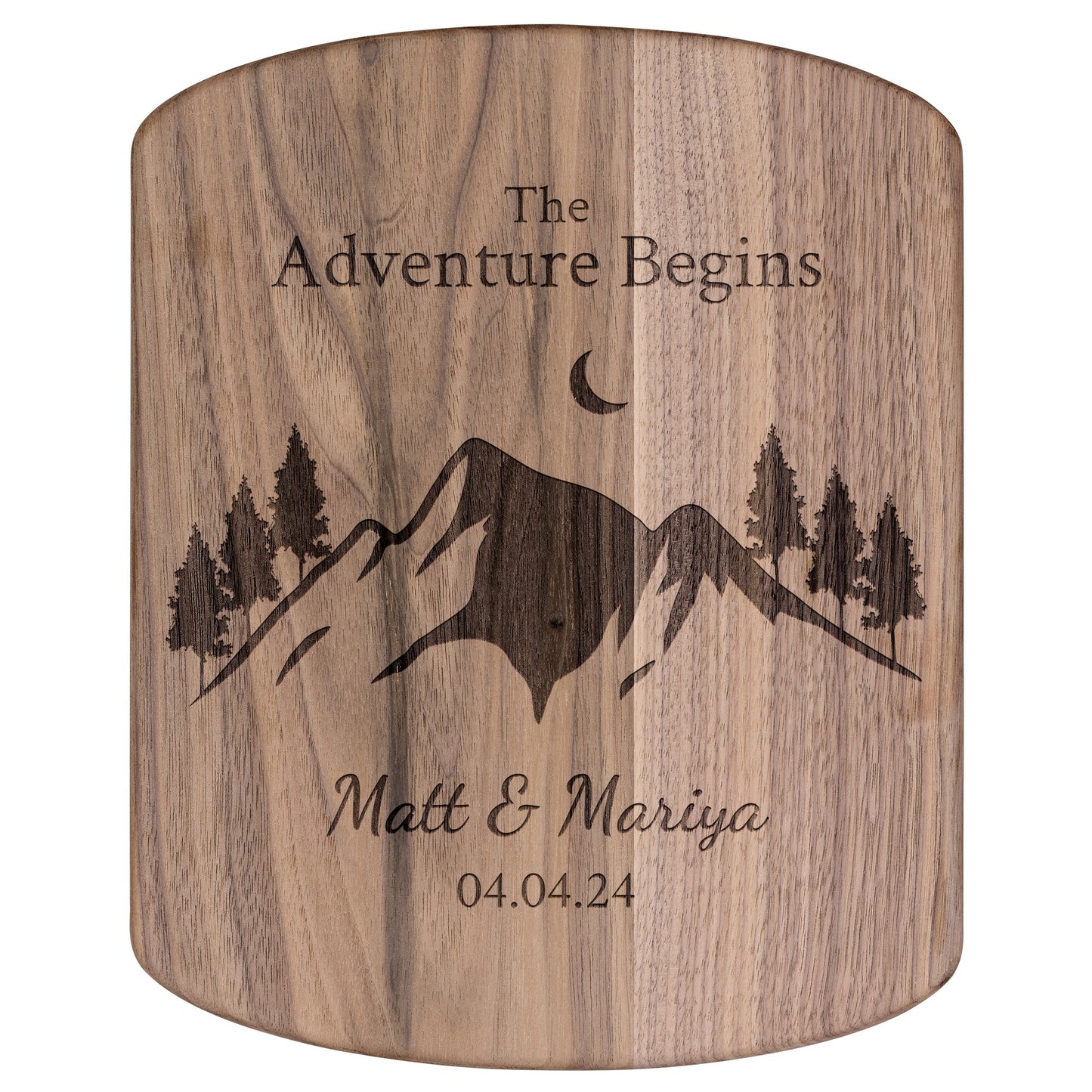 The Adventure Begins Hardwood Oval Cutting Board Personalized with Names and Wedding Date - Get Deerty