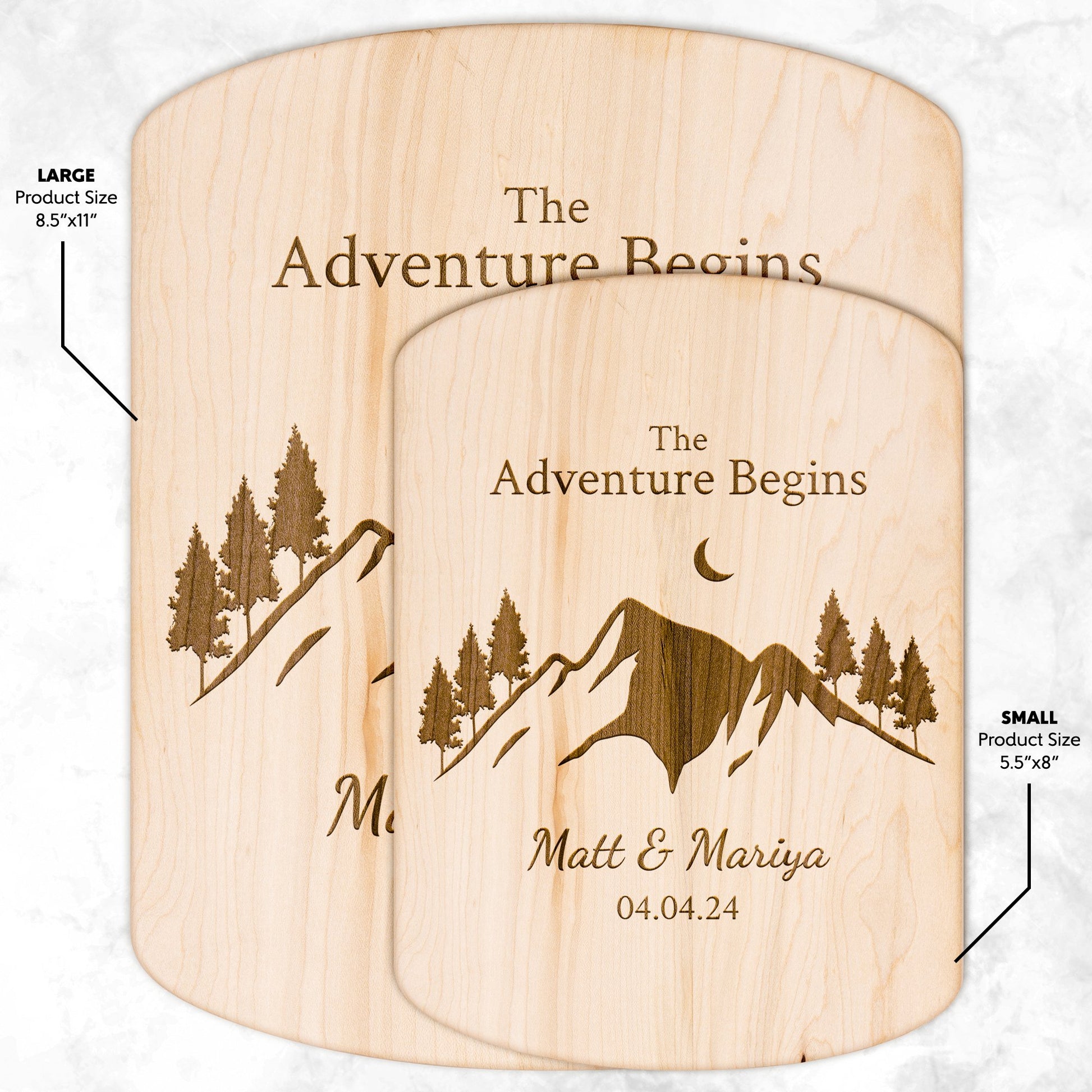 The Adventure Begins Hardwood Oval Cutting Board Personalized with Names and Wedding Date - Get Deerty