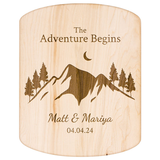 The Adventure Begins Hardwood Oval Cutting Board Personalized with Names and Wedding Date - Get Deerty