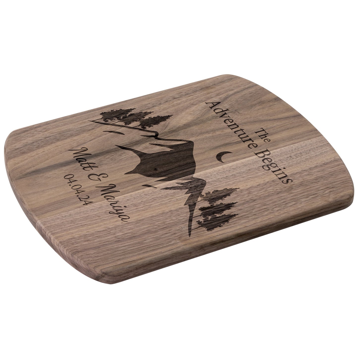 The Adventure Begins Hardwood Oval Cutting Board Personalized with Names and Wedding Date - Get Deerty