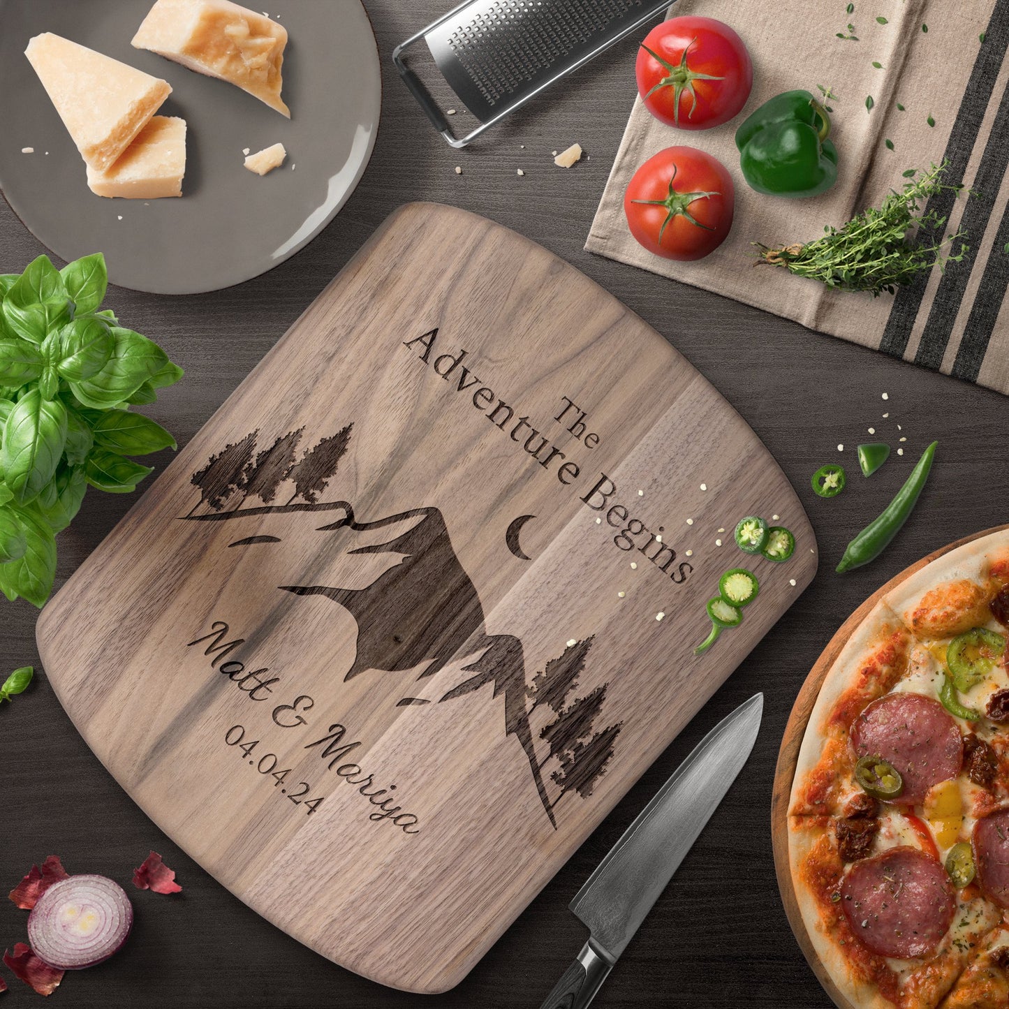 The Adventure Begins Hardwood Oval Cutting Board Personalized with Names and Wedding Date - Get Deerty