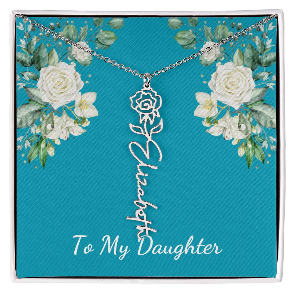 To My Daughter Personalized Birth Flower Necklace - Customize with Birth Month Flower and Name - Teal with White Roses - Get Deerty