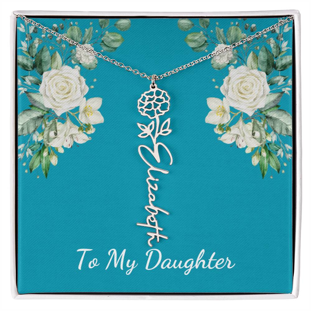 To My Daughter Personalized Birth Flower Necklace - Customize with Birth Month Flower and Name - Teal with White Roses - Get Deerty