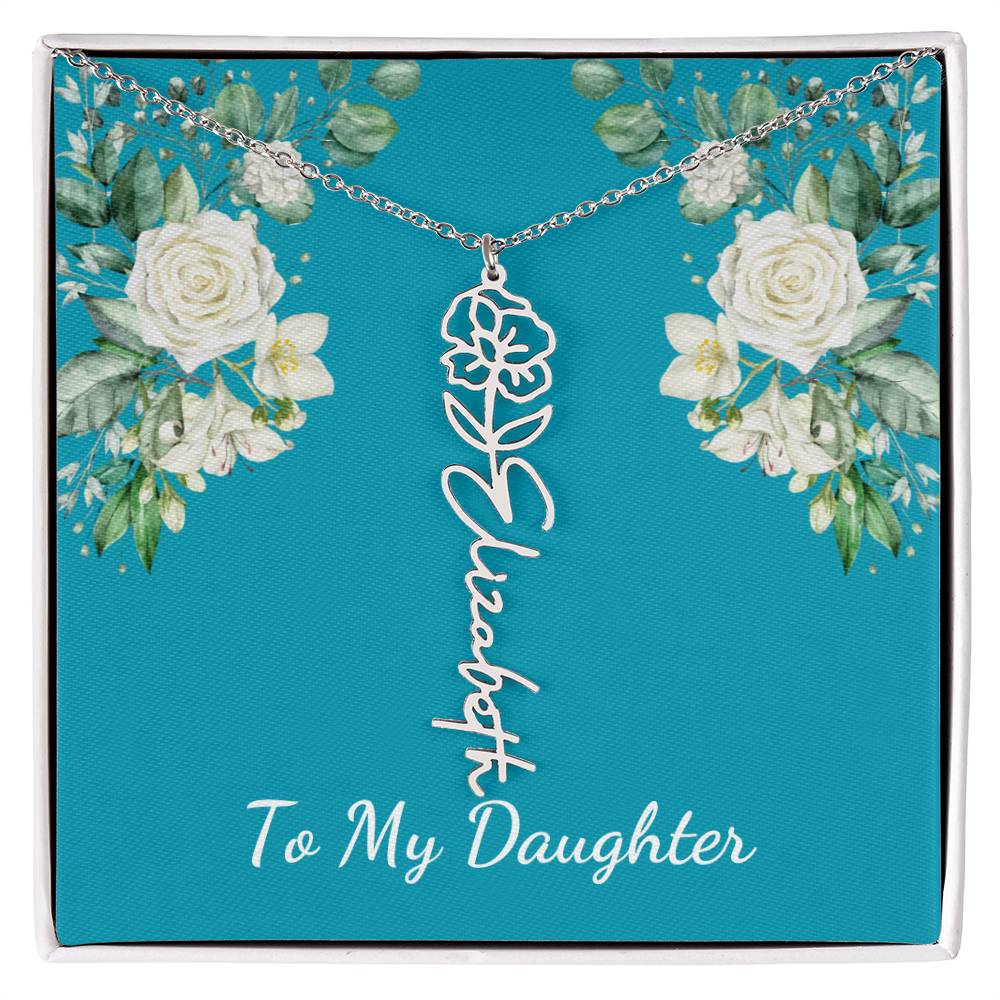 To My Daughter Personalized Birth Flower Necklace - Customize with Birth Month Flower and Name - Teal with White Roses - Get Deerty