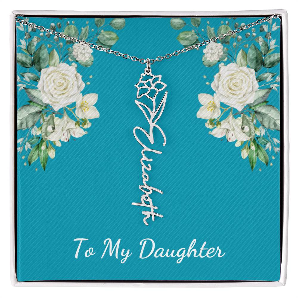 To My Daughter Personalized Birth Flower Necklace - Customize with Birth Month Flower and Name - Teal with White Roses - Get Deerty