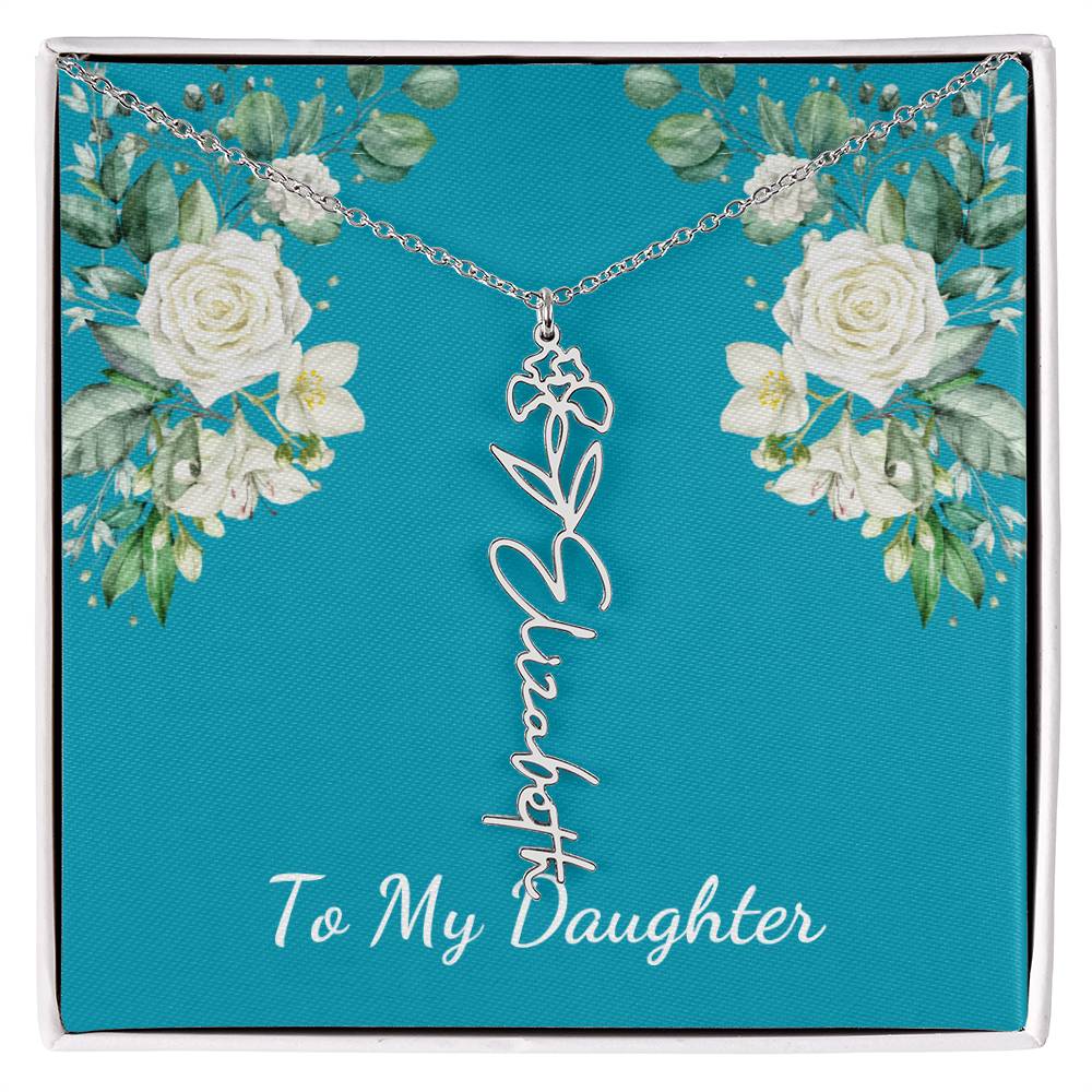 To My Daughter Personalized Birth Flower Necklace - Customize with Birth Month Flower and Name - Teal with White Roses - Get Deerty