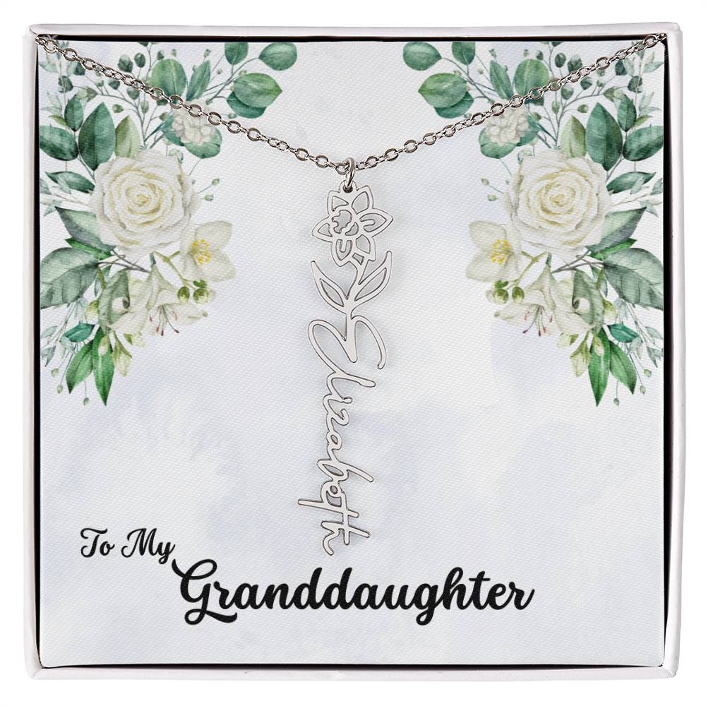 To My Granddaughter Personalized Birth Flower Necklace - Customize with Birth Month Flower and Name - Soft White Roses - Get Deerty