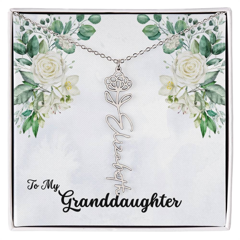 To My Granddaughter Personalized Birth Flower Necklace - Customize with Birth Month Flower and Name - Soft White Roses - Get Deerty