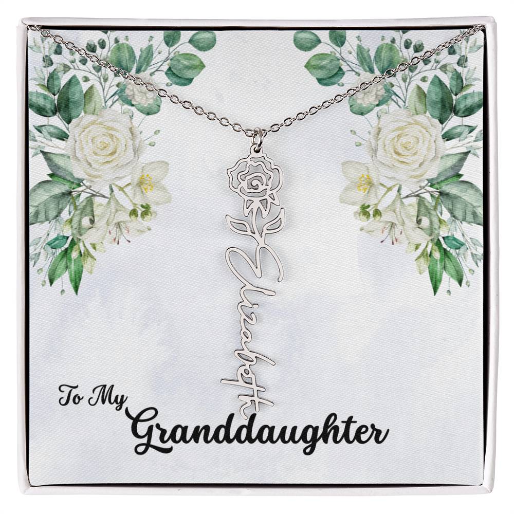 To My Granddaughter Personalized Birth Flower Necklace - Customize with Birth Month Flower and Name - Soft White Roses - Get Deerty