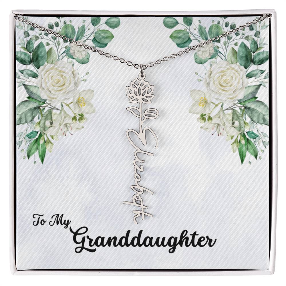 To My Granddaughter Personalized Birth Flower Necklace - Customize with Birth Month Flower and Name - Soft White Roses - Get Deerty