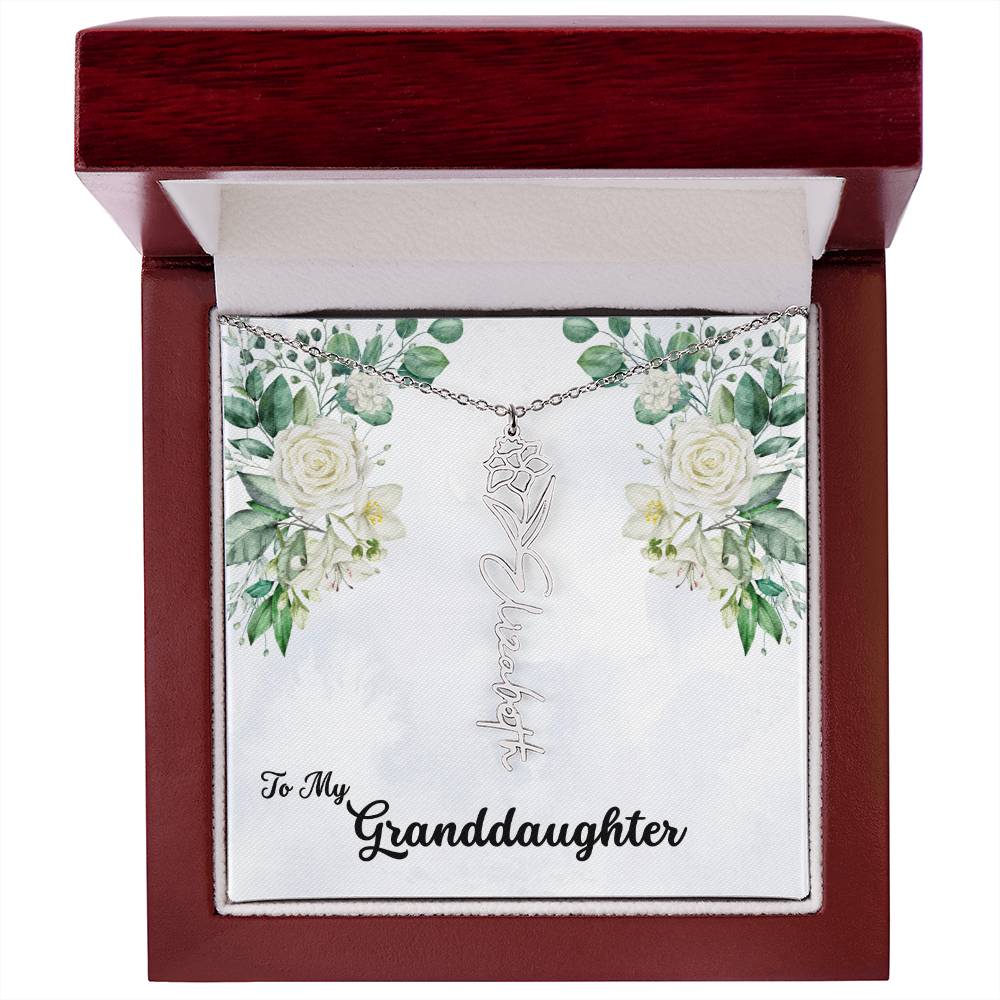 To My Granddaughter Personalized Birth Flower Necklace - Customize with Birth Month Flower and Name - Soft White Roses - Get Deerty