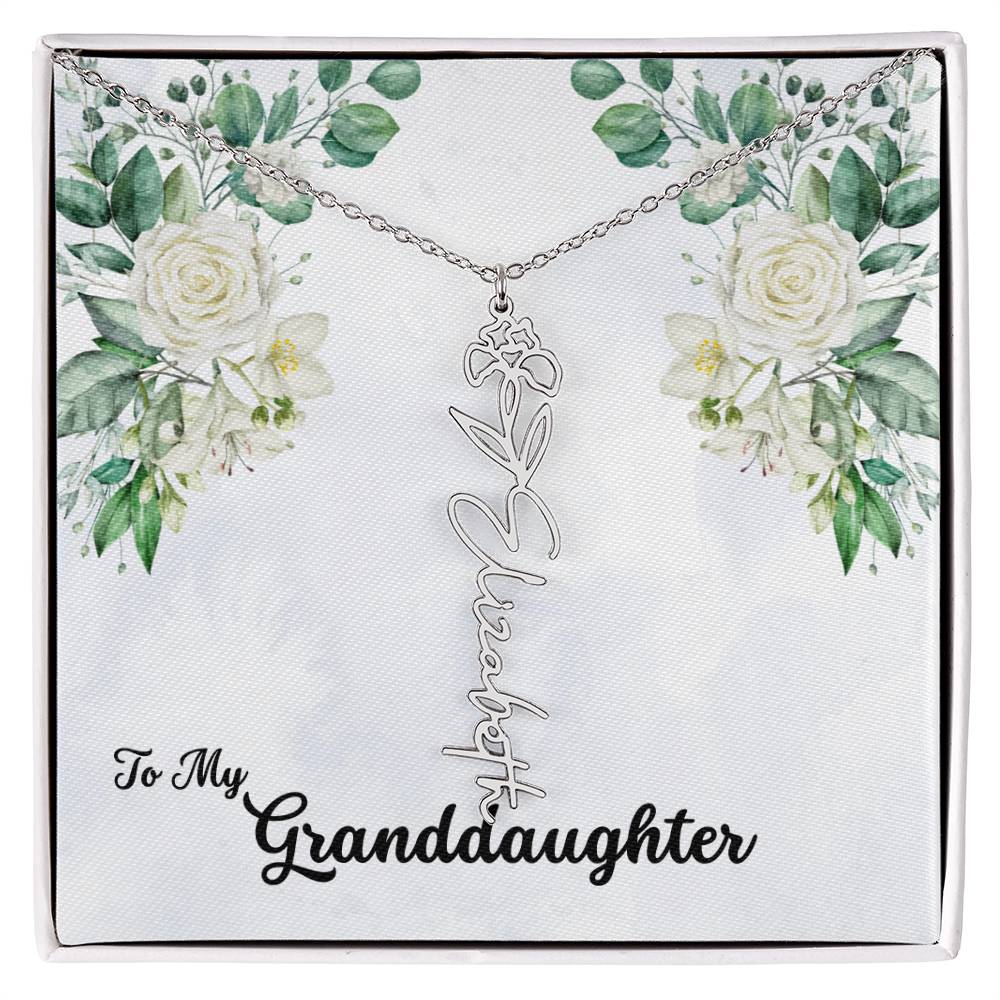 To My Granddaughter Personalized Birth Flower Necklace - Customize with Birth Month Flower and Name - Soft White Roses - Get Deerty