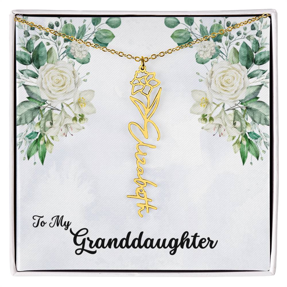 To My Granddaughter Personalized Birth Flower Necklace - Customize with Birth Month Flower and Name - Soft White Roses - Get Deerty