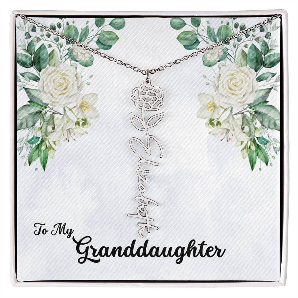 To My Granddaughter Personalized Birth Flower Necklace - Customize with Birth Month Flower and Name - Soft White Roses - Get Deerty