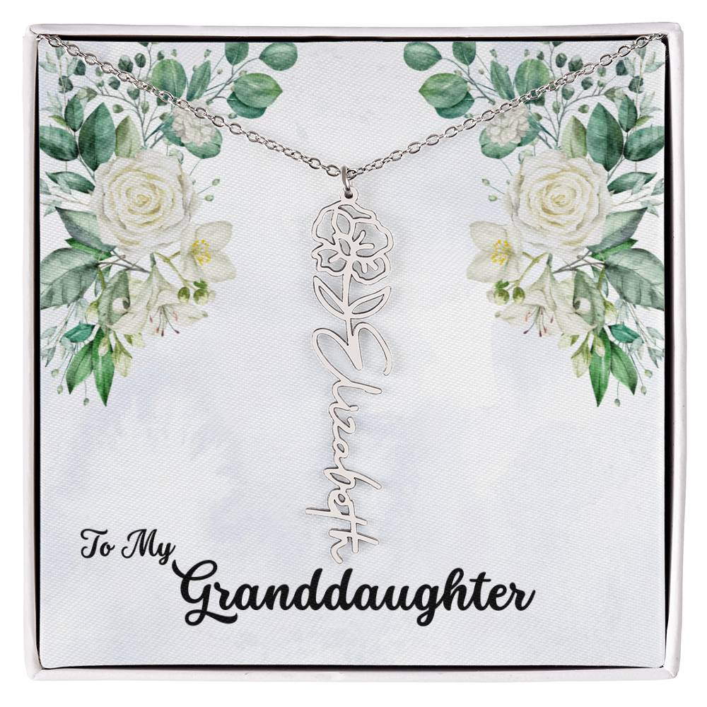 To My Granddaughter Personalized Birth Flower Necklace - Customize with Birth Month Flower and Name - Soft White Roses - Get Deerty