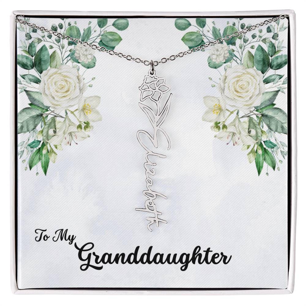 To My Granddaughter Personalized Birth Flower Necklace - Customize with Birth Month Flower and Name - Soft White Roses - Get Deerty