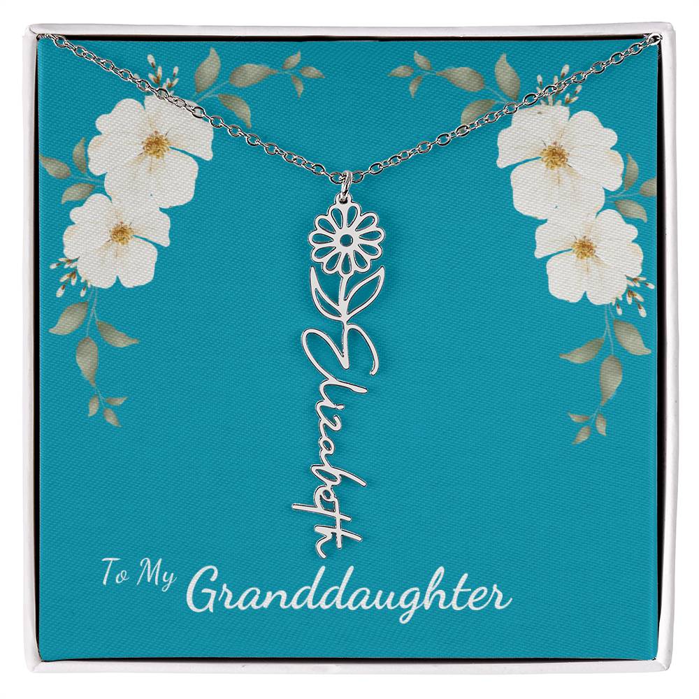 To My Granddaughter Personalized Birth Flower Necklace - Customize with Birth Month Flower and Name - Teal with White Poppy Flowers - Get Deerty