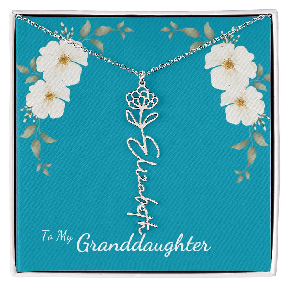 To My Granddaughter Personalized Birth Flower Necklace - Customize with Birth Month Flower and Name - Teal with White Poppy Flowers - Get Deerty