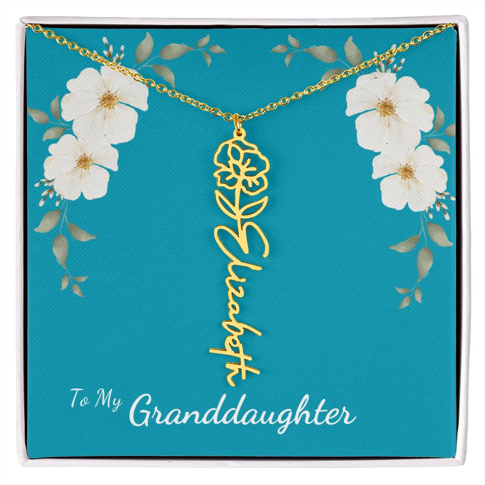 To My Granddaughter Personalized Birth Flower Necklace - Customize with Birth Month Flower and Name - Teal with White Poppy Flowers - Get Deerty