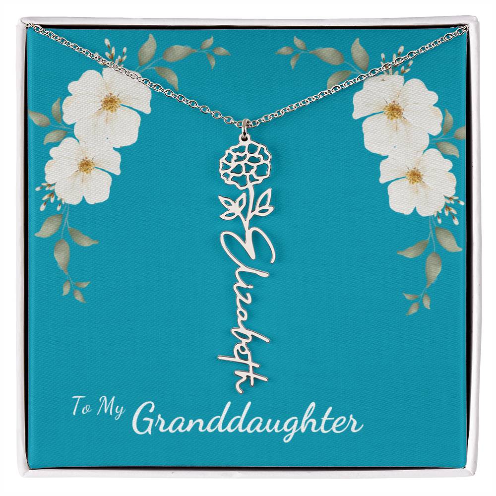 To My Granddaughter Personalized Birth Flower Necklace - Customize with Birth Month Flower and Name - Teal with White Poppy Flowers - Get Deerty